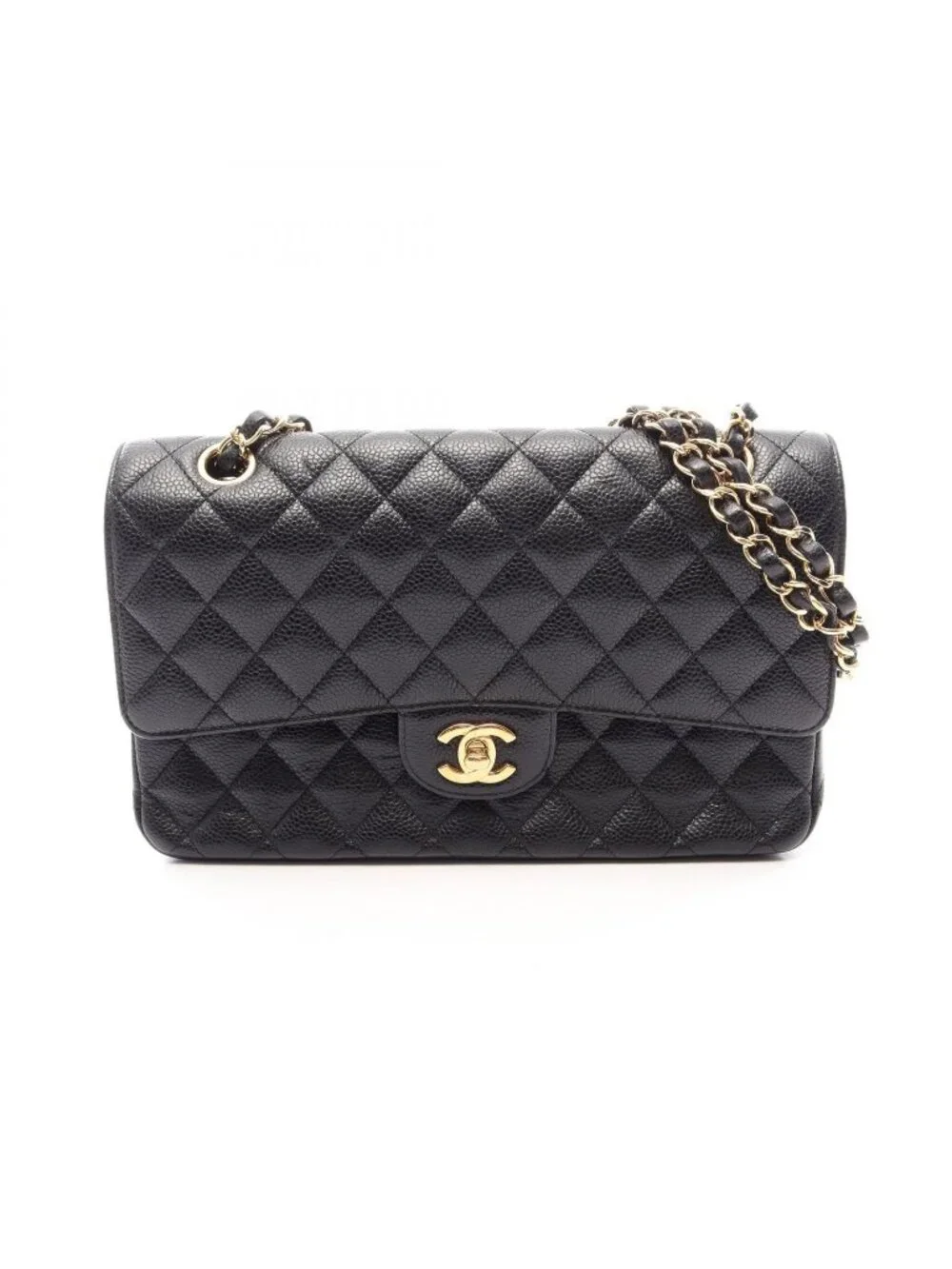 Chanel Shoulder Bag Quilted Double Flap Black Caviar Leather Chain